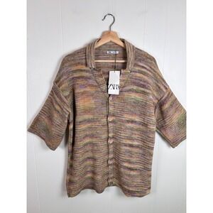 Zara Knit Multicolor Collared Button Down Cardigan 3/4 Sleeve Women's Medium